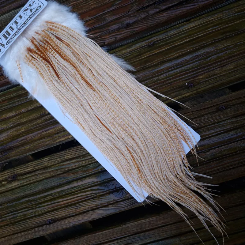 Whiting Heritage Hackles Rooster Saddle in Mixed Colours E Barred Blonde/ Light Ginger Barred Blonde/ Medium Ginger Barred Blonde Tying approx size 12/14/16 /18 with a few going smaller-2