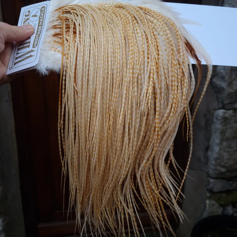 Whiting Heritage Hackles Rooster Saddle in Mixed Colours E Barred Blonde/ Light Ginger Barred Blonde/ Medium Ginger Barred Blonde Tying approx size 12/14/16 /18 with a few going smaller-6