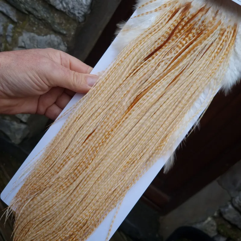 Whiting Heritage Hackles Rooster Saddle in Mixed Colours E Barred Blonde/ Light Ginger Barred Blonde/ Medium Ginger Barred Blonde Tying approx size 12/14/16 /18 with a few going smaller-7