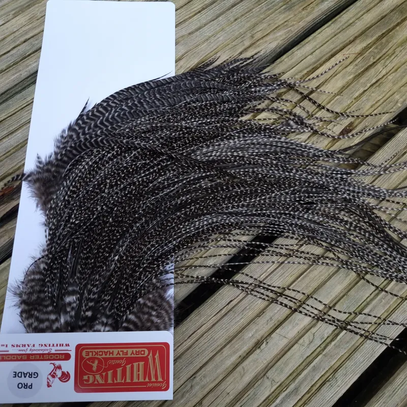 Whiting Pro-Grade Midge Rooster Saddle in Grizzly Variant A in VERY DARK GRIZZLY  Approx Tying Sizes 14/16/18/20-6