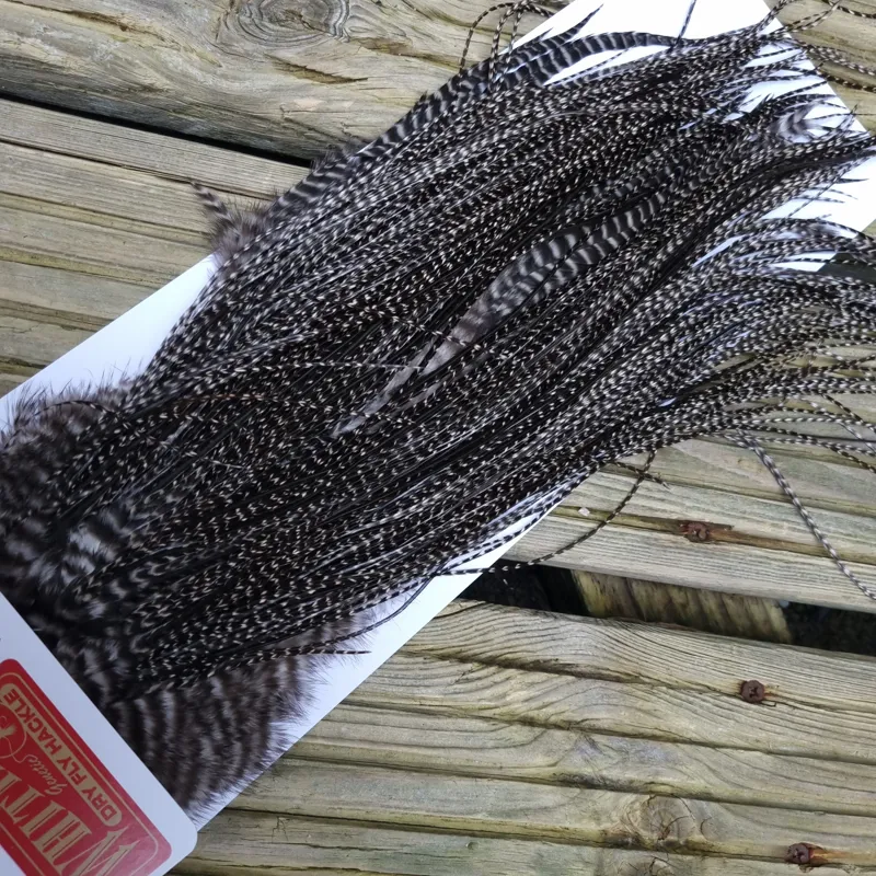 Whiting Pro-Grade Midge Rooster Saddle in Grizzly Variant A in VERY DARK GRIZZLY  Approx Tying Sizes 14/16/18/20-2