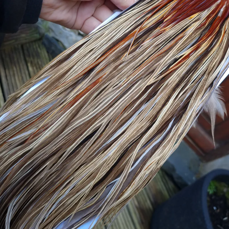 Whiting Heritage Hackles Rooster Saddle in Mixed Colours A Champagne Badger/Speckled Champagne Badger/Rusty Dun/Speckled Natural Dun Approx Tying Sizes odd 10 stuffed with12/14 and the odd 16-11