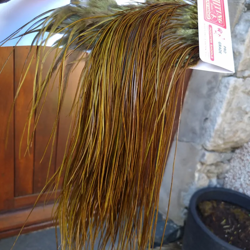 Whiting Pro-Grade Midge Rooster Saddle in White Dyed Dark Olive A Approx Tying Size Few 14 and stuffed with 16/18/20 and a few going smaller