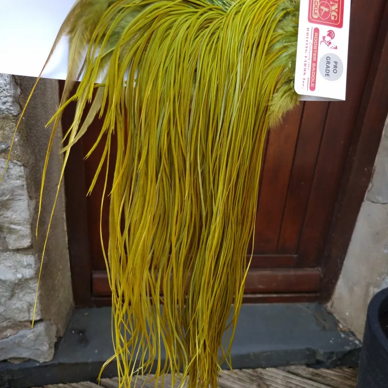 Whiting Pro-Grade Midge Rooster Saddle in White Dyed Olive A Light Olive/ Medium Olive/ Rusty Olive and Yellow Olive  Approx Tying Size Few 12 in the middle and stuffed with 14/16 and a few going smaller-6