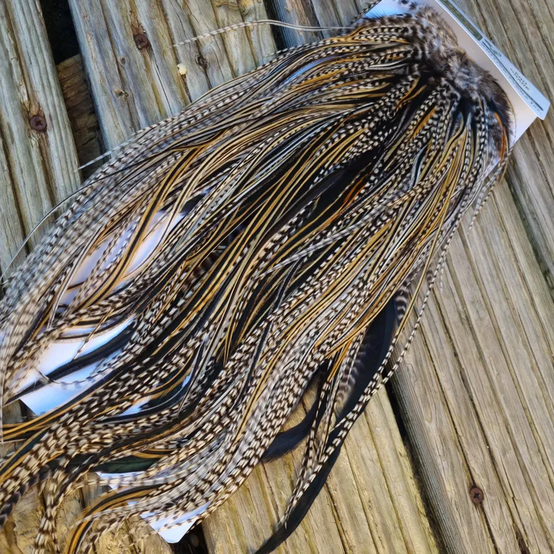 Whiting Hebert Miner Pro-Grade Dry Fly Rooster Saddle in Grizzly Variant A Grizzly/Golden Badger/Silver Badger/ Speckled Badger Approx Tying Size 10/12/14 with a few 16-3