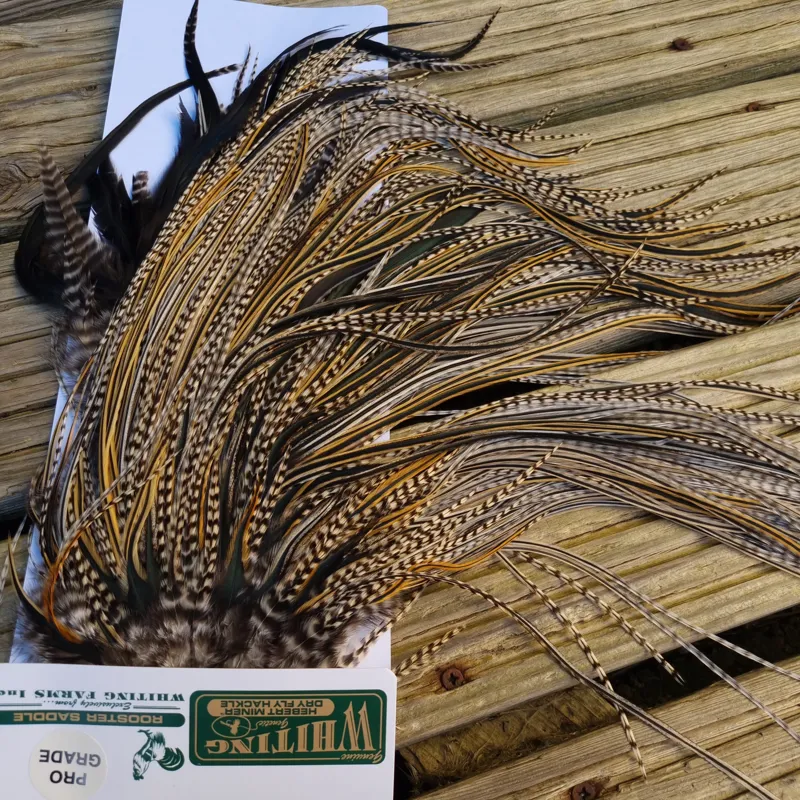 Whiting Hebert Miner Pro-Grade Dry Fly Rooster Saddle in Grizzly Variant A Grizzly/Golden Badger/Silver Badger/ Speckled Badger Approx Tying Size 10/12/14 with a few 16-4