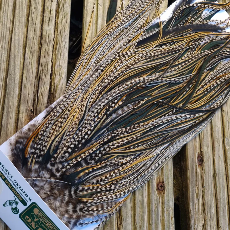 Whiting Hebert Miner Pro-Grade Dry Fly Rooster Saddle in Grizzly Variant A Grizzly/Golden Badger/Silver Badger/ Speckled Badger Approx Tying Size 10/12/14 with a few 16-5