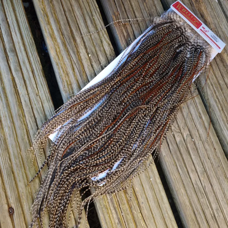 Whiting Pro-Grade Midge Rooster Saddle in Grizzly Variant A in Classic GRIZZLY Splashed with Furnace Hackles Approx Tying Sizes  few 12's and stuffed with 14/16 and the odd one going smaller-2