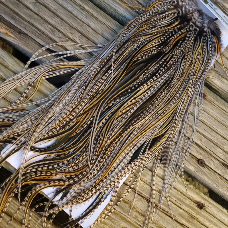 Whiting Hebert Miner Pro-Grade Dry Fly Rooster Saddle in Grizzly Variant A Grizzly/Golden Badger/Silver Badger/ Speckled Badger Approx Tying Size 10/12/14 with a few 16-1