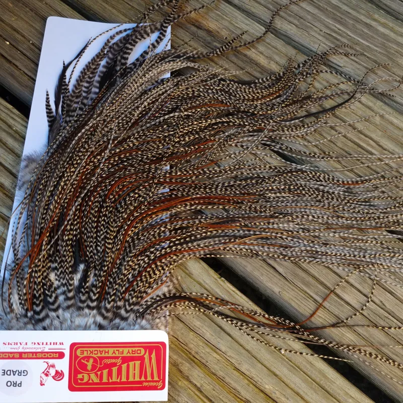 Whiting Pro-Grade Midge Rooster Saddle in Grizzly Variant A in Classic GRIZZLY Splashed with Furnace Hackles Approx Tying Sizes  few 12's and stuffed with 14/16 and the odd one going smaller-5