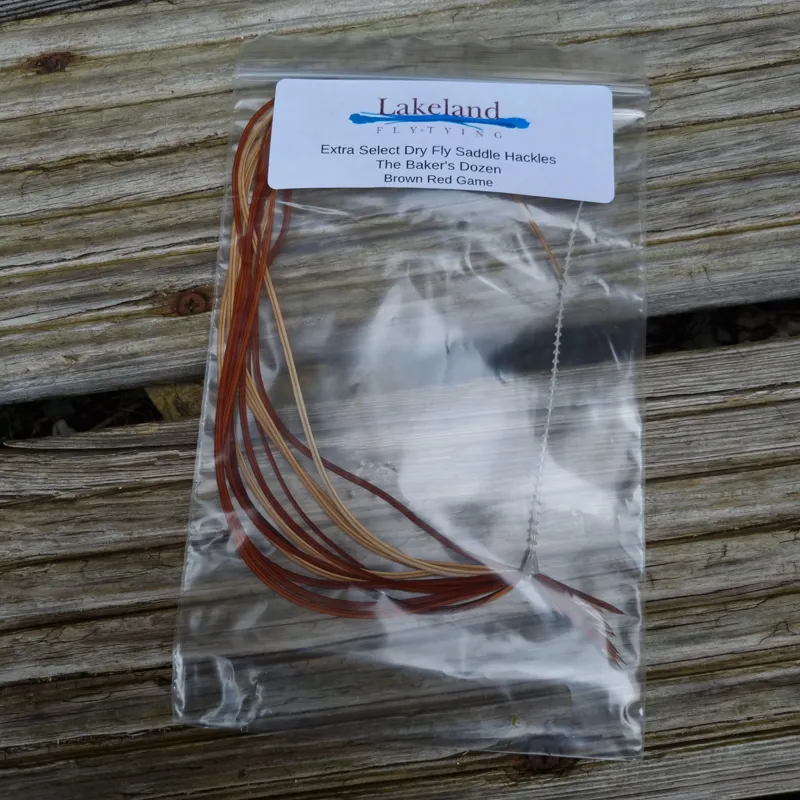 Lakeland Fly-Tying Extra Select Dry Fly Saddle Hackle Packs The Baker's Dozen in Brown Red Game-3