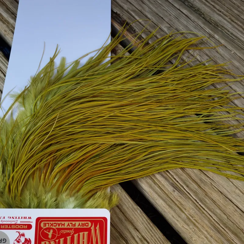 Whiting Pro-Grade Midge Rooster Saddle in White Dyed Olive B Light Olive/ Medium Olive/ Rusty Olive and Yellow Olive Approx Tying Size Few14 and Stuffed with 14/16/18/20/22 and a few smaller-7