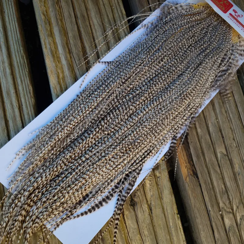 Whiting Pro-Grade Midge Rooster Saddle in Grizzly Variant B Light Grizzly Approx Tying Sizes 14/16/18/20 and a few smaller-3