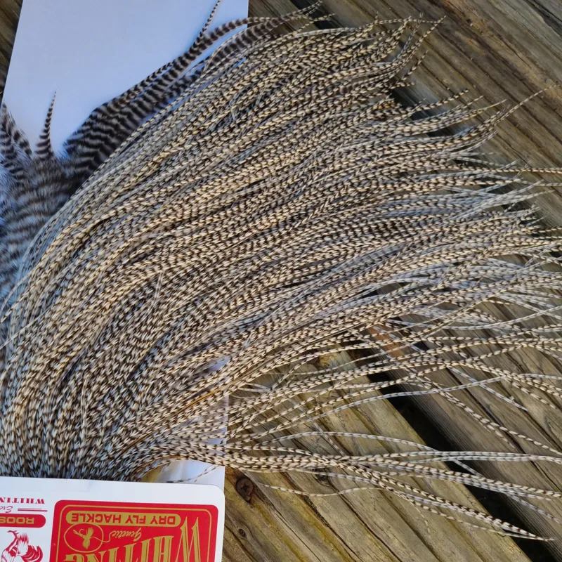 Whiting Pro-Grade Midge Rooster Saddle in Grizzly Variant B Light Grizzly Approx Tying Sizes 14/16/18/20 and a few smaller-4