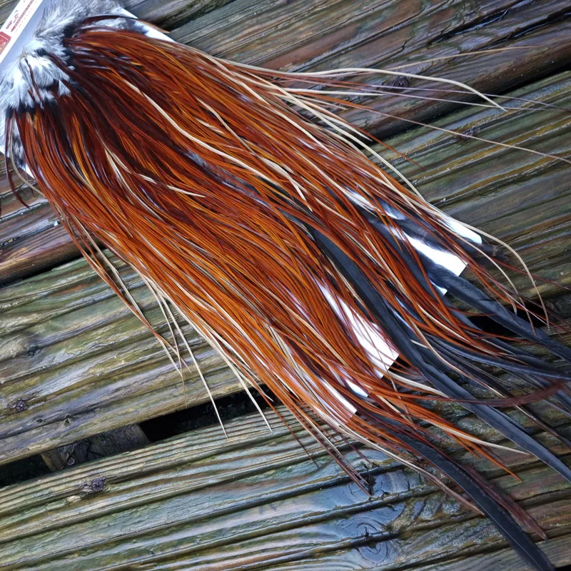 Whiting PRO-GRADE Dry Fly Rooster Saddle in Brown/Medium Red Game B Approx Tying Sizes some 12's and stuffed with 14/16-2