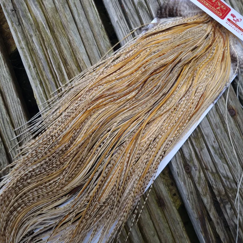 Whiting Bronze Grade Dry Fly Rooster Saddle in Unique Variant A Silver Badger/Golden Badger/Grizzly/Cream/Light Ginger Approx Tying Size 14/16/18/20