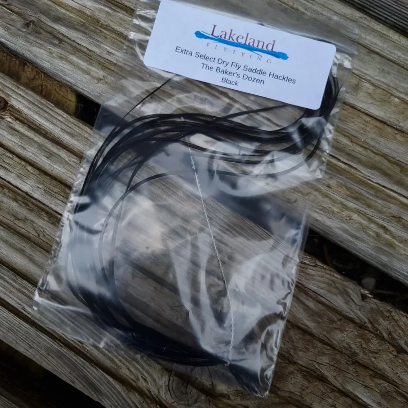 Lakeland Fly-Tying Extra Select Dry Fly Saddle Hackle Packs The Baker's Dozen in Black-4