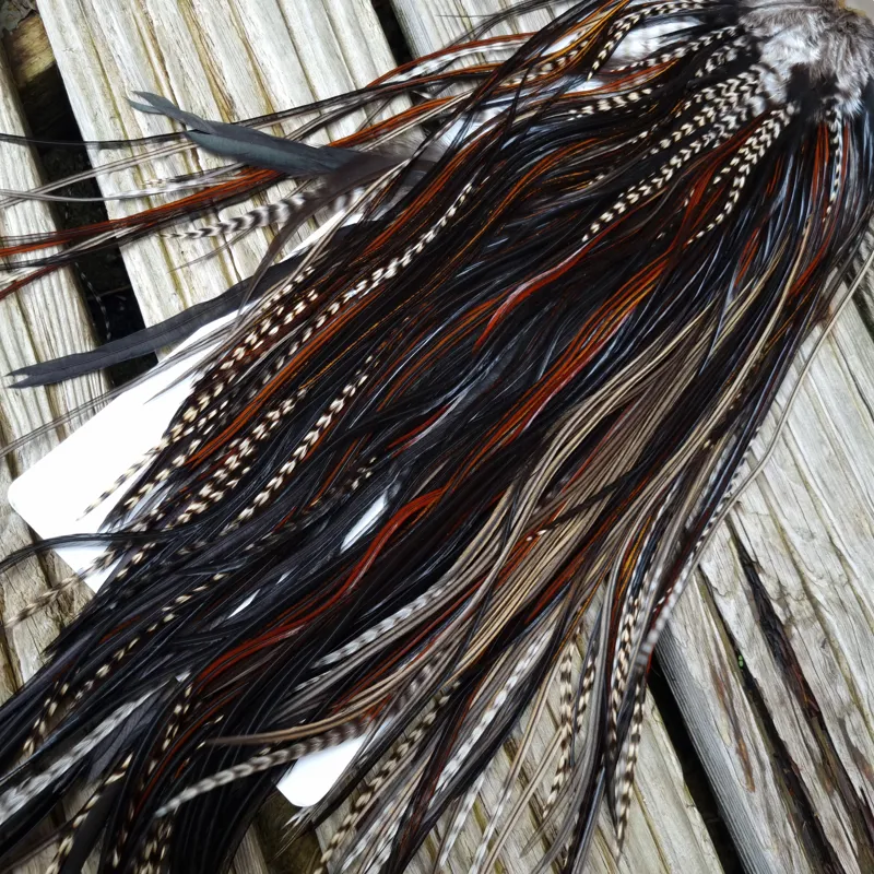 Whiting Heritage Hackles Rooster Saddle in Mixed Colours D Grizzly/Furnace/Dark Furnace/Speckled Dark Rust and Natural Black Tying Approx 8/10/12/14-8