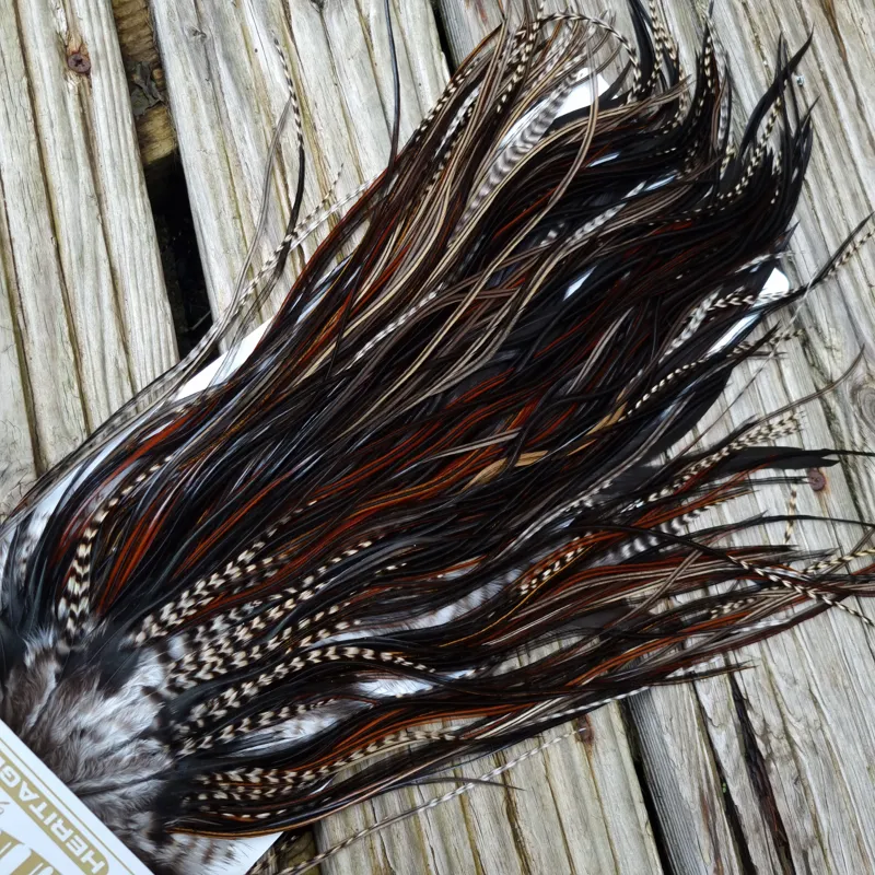 Whiting Heritage Hackles Rooster Saddle in Mixed Colours D Grizzly/Furnace/Dark Furnace/Speckled Dark Rust and Natural Black Tying Approx 8/10/12/14-6