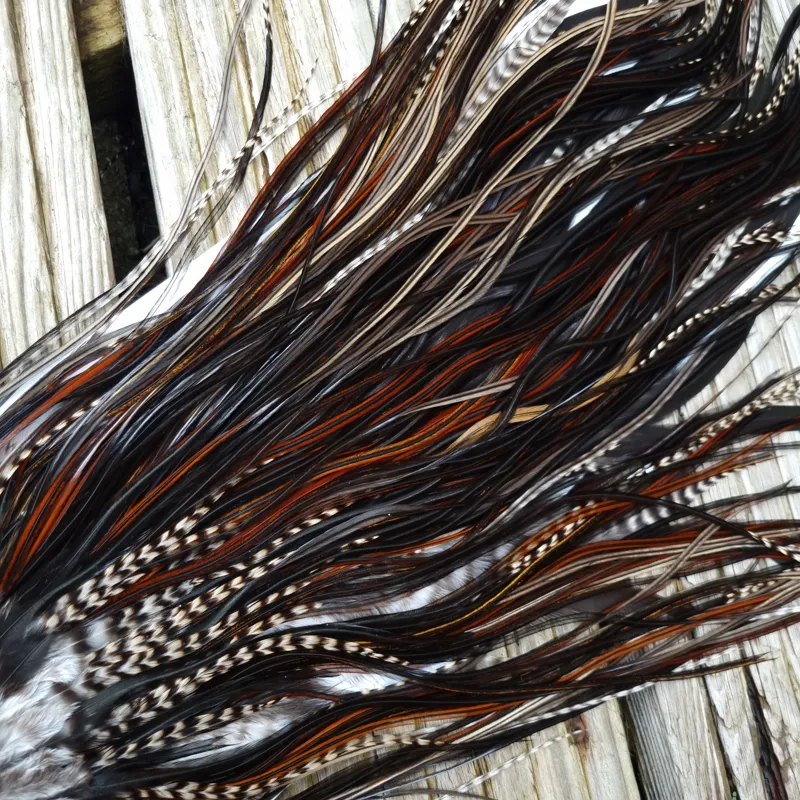 Whiting Heritage Hackles Rooster Saddle in Mixed Colours D Grizzly/Furnace/Dark Furnace/Speckled Dark Rust and Natural Black Tying Approx 8/10/12/14-1