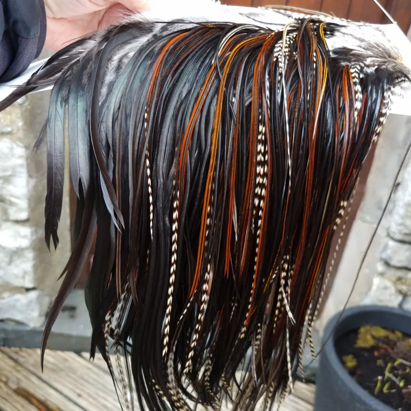 Whiting Heritage Hackles Rooster Saddle in Mixed Colours D Grizzly/Furnace/Dark Furnace/Speckled Dark Rust and Natural Black Tying Approx 8/10/12/14-5
