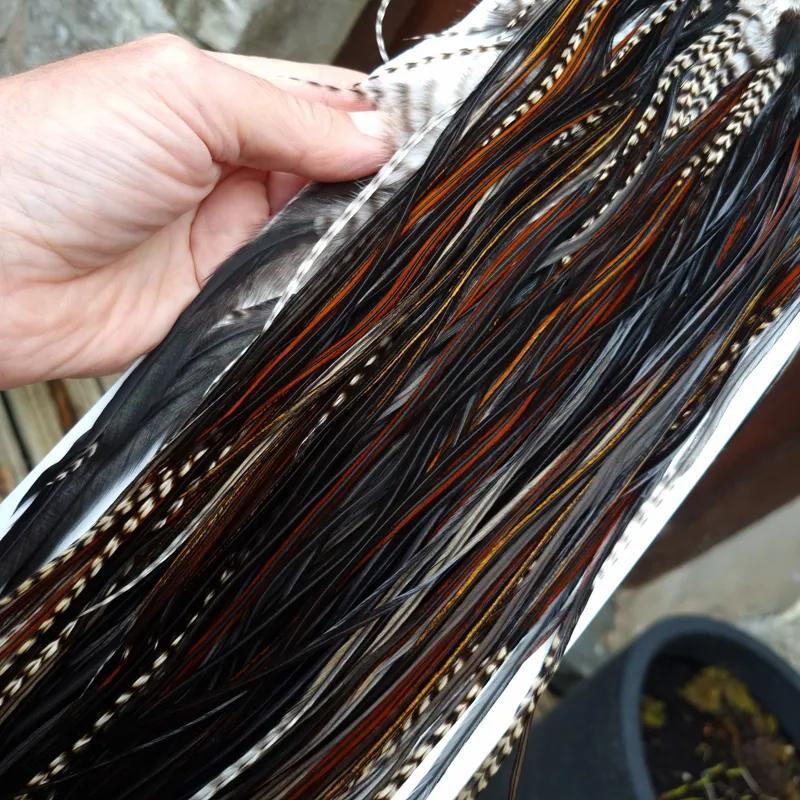 Whiting Heritage Hackles Rooster Saddle in Mixed Colours D Grizzly/Furnace/Dark Furnace/Speckled Dark Rust and Natural Black Tying Approx 8/10/12/14-3
