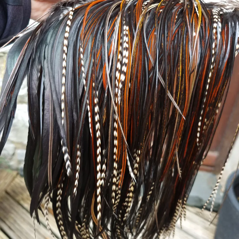 Whiting Heritage Hackles Rooster Saddle in Mixed Colours D Grizzly/Furnace/Dark Furnace/Speckled Dark Rust and Natural Black Tying Approx 8/10/12/14