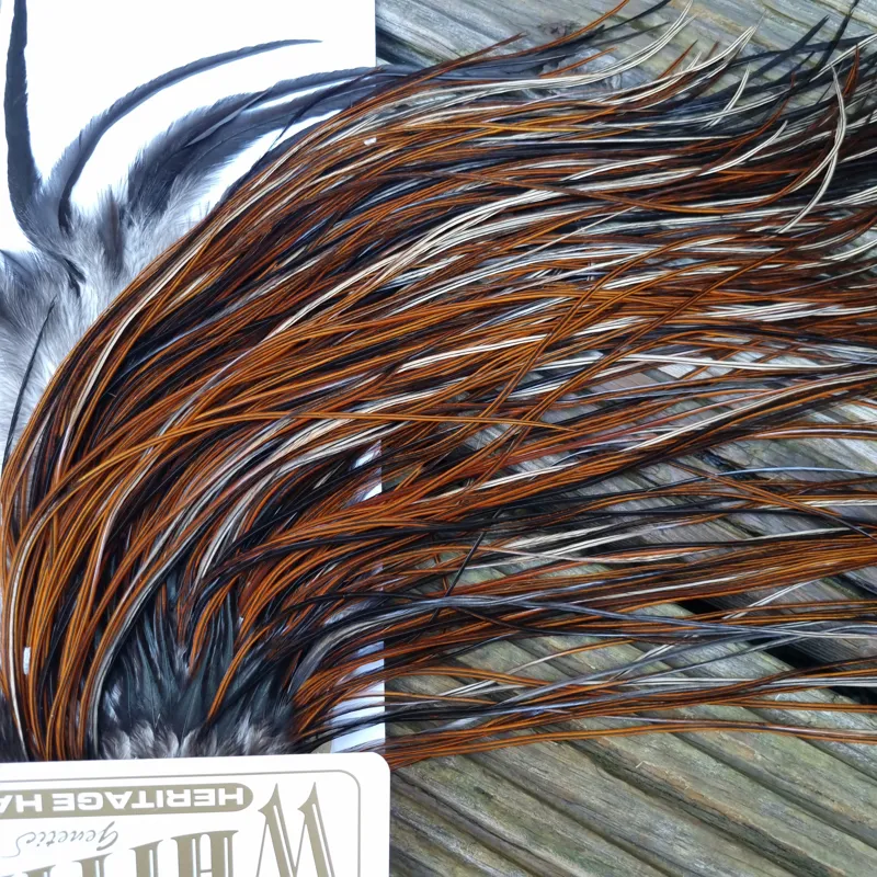 Whiting Heritage Hackles Rooster Saddle in Mixed Colours D Furnace/Dark Furnace/Speckled Furnace and Natural Black Tying Approx 14/16/18-5