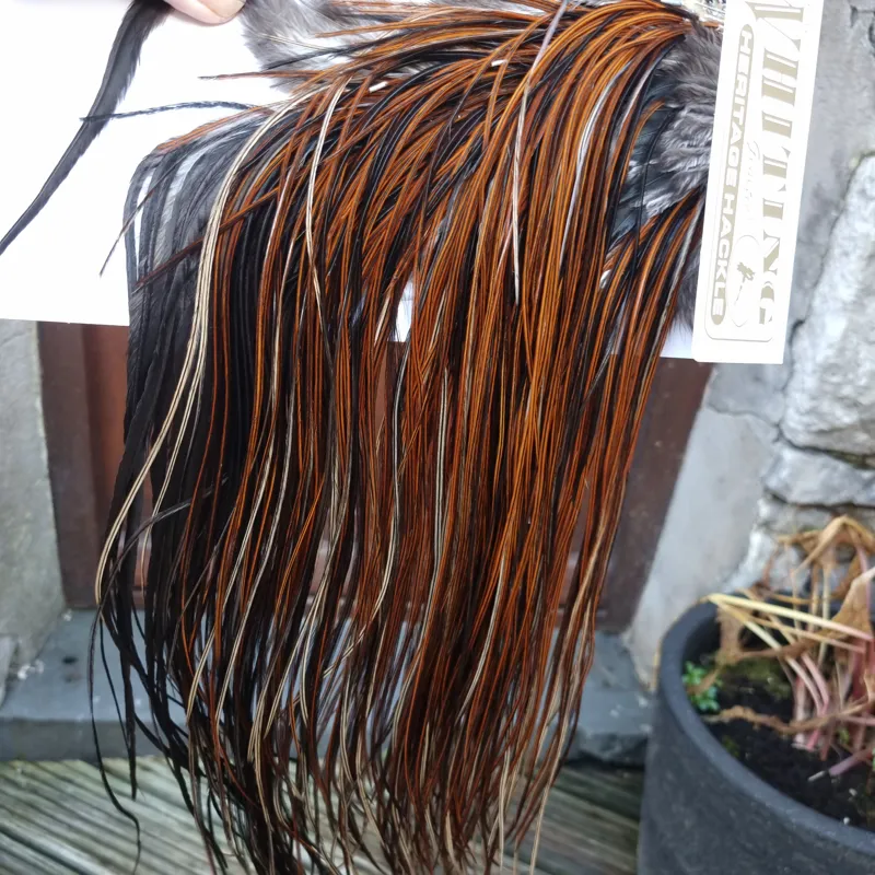 Whiting Heritage Hackles Rooster Saddle in Mixed Colours D Furnace/Dark Furnace/Speckled Furnace and Natural Black Tying Approx 14/16/18-1
