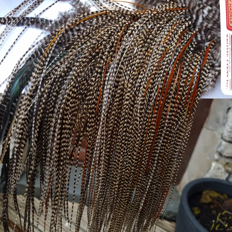 Whiting Pro-Grade Midge Rooster Saddle in CREE D CREE with a Light Splashing of Furnace Tying approx  14/16/18/20 and  a few smaller-1