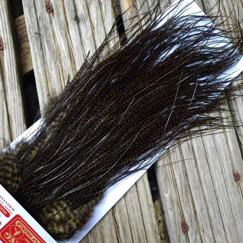 Whiting Pro-Grade Midge Rooster Saddle in Grizzly Dyed Dark Olive/ VERY DARK OLIVE GRIZZLY A Approx Tying Sizes Stuffed with 16/18/20/22/24/26 and out of sight-2