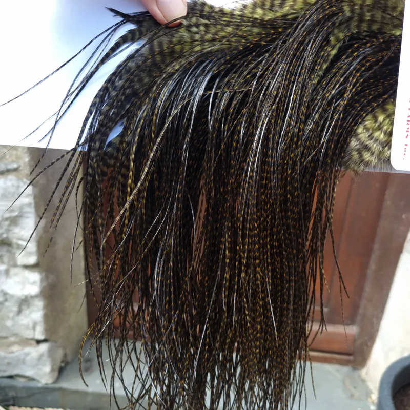 Whiting Pro-Grade Midge Rooster Saddle in Grizzly Dyed Dark Olive/ VERY DARK OLIVE GRIZZLY A Approx Tying Sizes Stuffed with 16/18/20/22/24/26 and out of sight-3