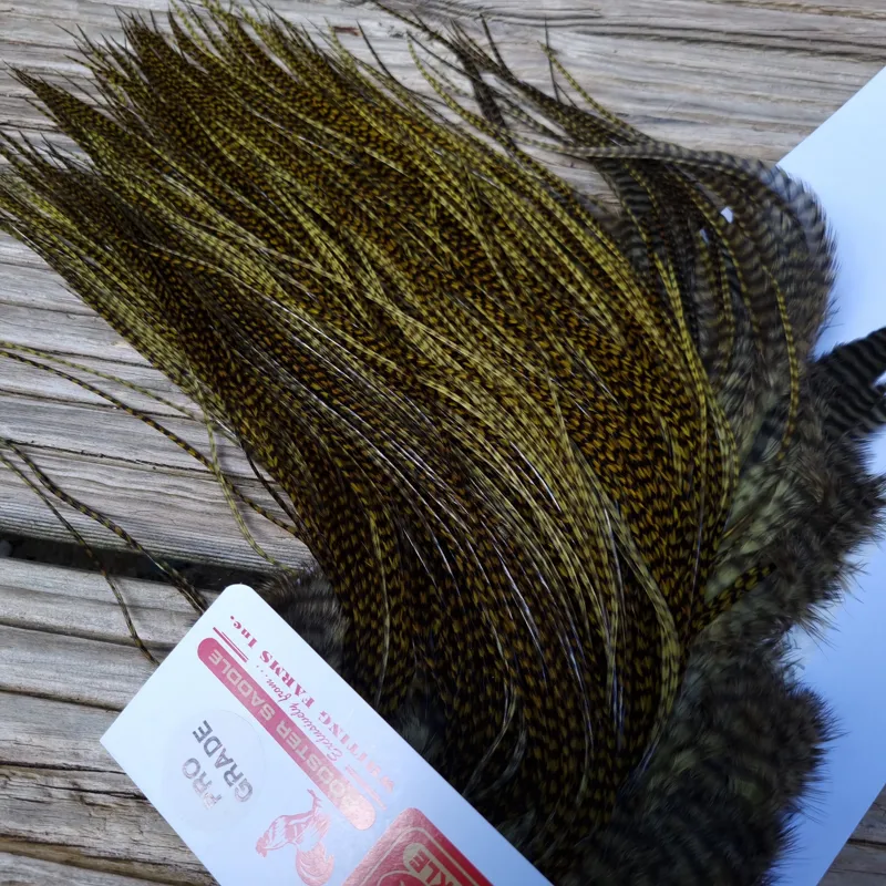 Whiting Pro-Grade Midge Rooster Saddle in Grizzly Dyed Dark Olive B Approx Tying Sizes 14 16 18 with a few going smaller-1