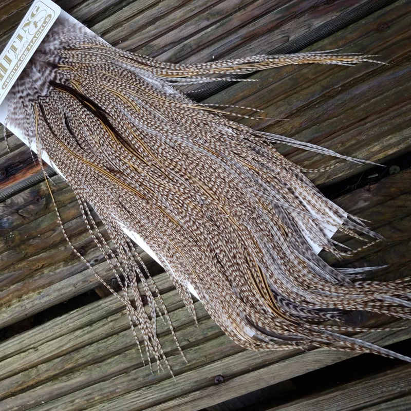 Whiting Heritage Hackles Rooster Saddle in Mixed Colours G STUNNING Dun Grizzly Splashed with Golden Badger Tying Approx 10/12/14/16   -1