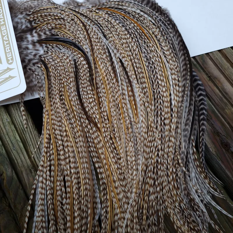 Whiting Heritage Hackles Rooster Saddle in Mixed Colours G STUNNING Dun Grizzly Splashed with Golden Badger Tying Approx 10/12/14/16   -2