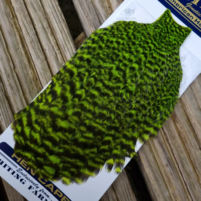 Whiting American Hen Cape in Grizzly Dyed Fl.Green Chartreuse
