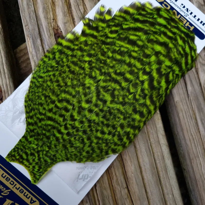 Whiting American Hen Cape in Grizzly Dyed Fl.Green Chartreuse-1