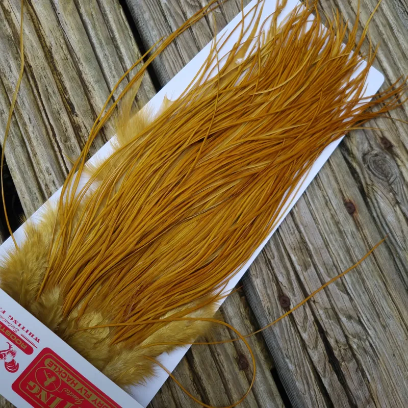 Whiting Pro-Grade Midge Rooster Saddle in White dyed Golden Olive A Approx Tying Size  Few 14 Stuffed with  16 18 20-4