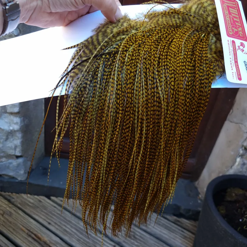 Whiting Pro-Grade Midge Rooster Saddle in Grizzly Golden Olive C Approx Tying Size 14 16 18 AND A FEW SMALLER-4