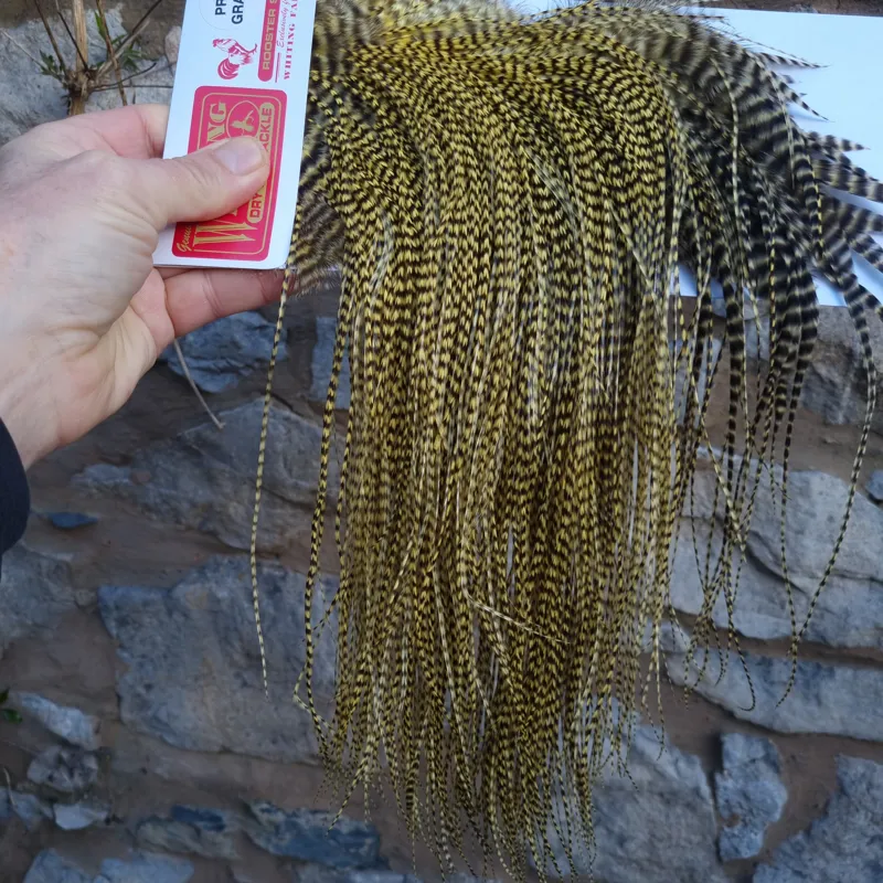 Whiting Pro-Grade Midge Rooster Saddle in Grizzly Dyed Pale Yellow A Approx Tying Size 14 16 18 with a few going smaller-2