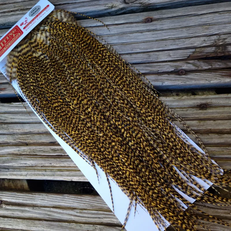 Whiting Pro-Grade Midge Rooster Saddle in Grizzly Golden Straw A Approx Tying Sizes Few 12's and stuffed with 14/16 with the odd one going smaller-2