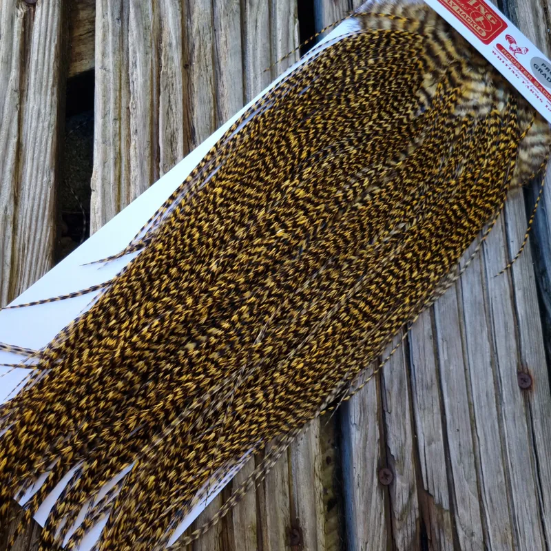 Whiting Pro-Grade Midge Rooster Saddle in Grizzly Golden Straw A Approx Tying Sizes Few 12's and stuffed with 14/16 with the odd one going smaller-4