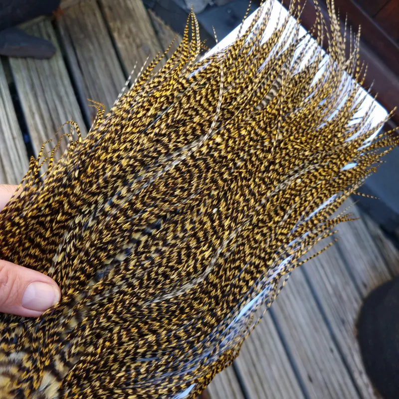 Whiting Pro-Grade Midge Rooster Saddle in Grizzly Golden Straw A Approx Tying Sizes Few 12's and stuffed with 14/16 with the odd one going smaller-1