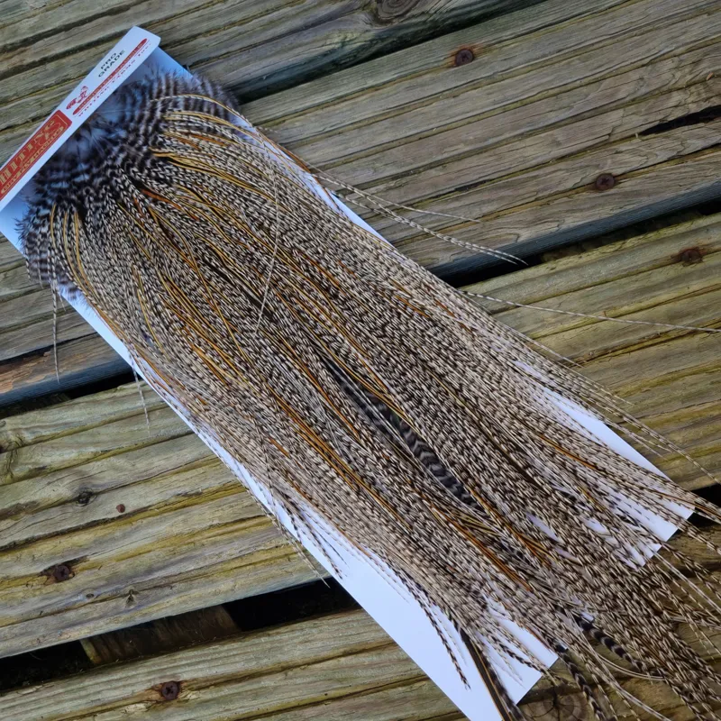 Whiting Pro-Grade Midge Rooster Saddle in Grizzly Variant A in Light GRIZZLY Splashed with Golden Badger Approx Tying Sizes 16/18/20/22/24 and out of sight-2