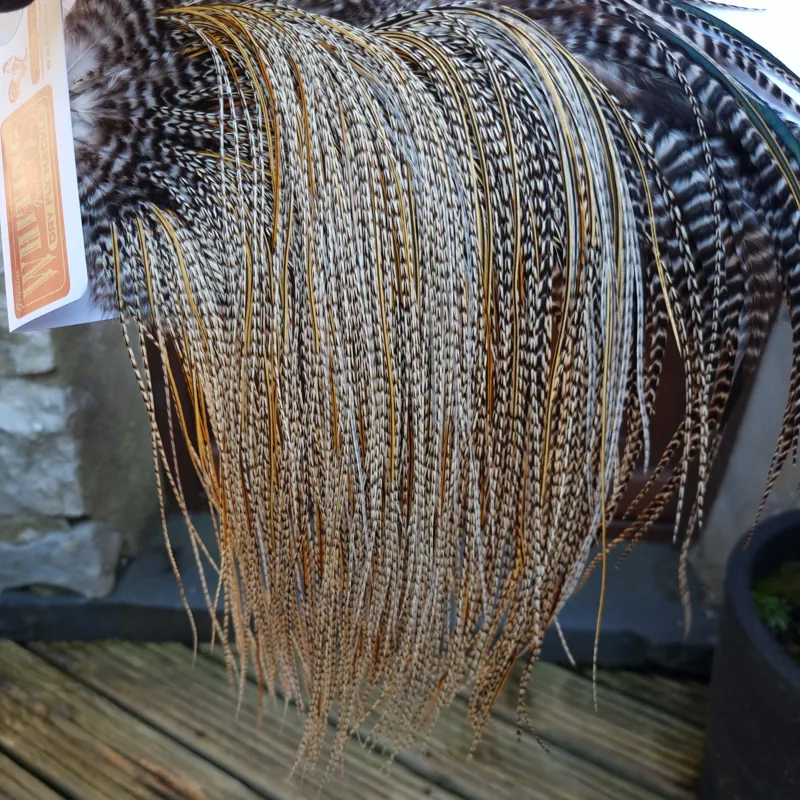 Whiting Pro-Grade Midge Rooster Saddle in Grizzly Variant A in Light GRIZZLY Splashed with Golden Badger Approx Tying Sizes 16/18/20/22/24 and out of sight