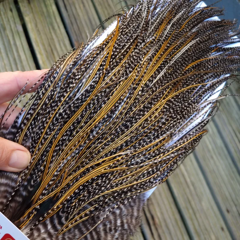 Whiting Pro-Grade Midge Rooster Saddle in Grizzly Variant B Dark Grizzly/ Deep Rich Golden Badger Approx Tying Sizes 16/18/20/22 -1