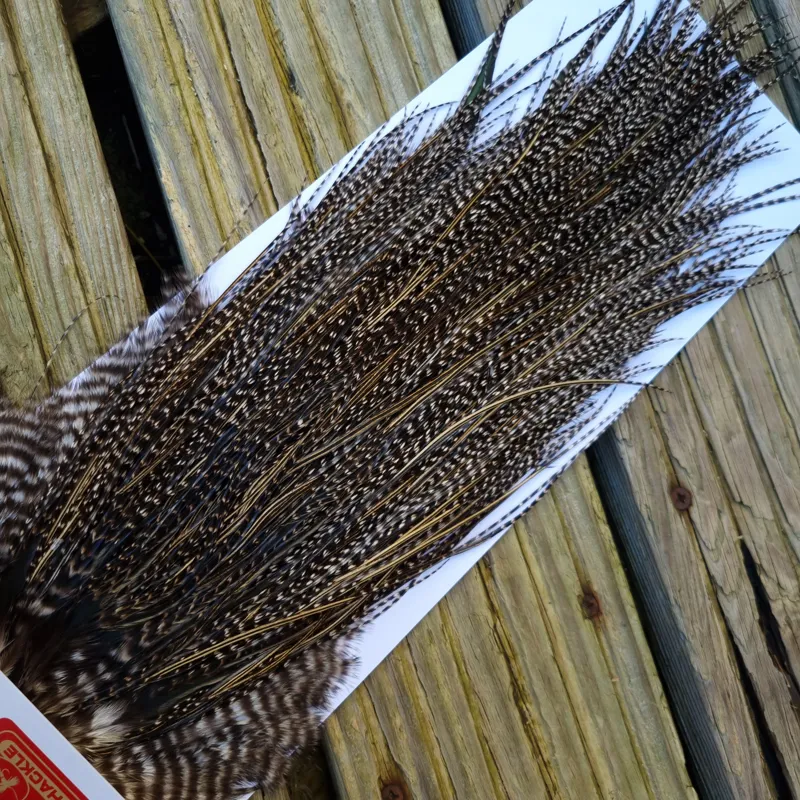 Whiting Pro-Grade Midge Rooster Saddle in Grizzly Variant D Dark Grizzly Splashed with Silver Badger/Speckled Silver Badger Approx Tying size 14 16 18-7