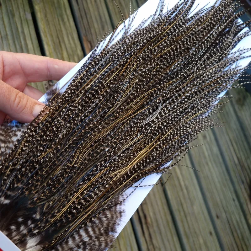 Whiting Pro-Grade Midge Rooster Saddle in Grizzly Variant D Dark Grizzly Splashed with Silver Badger/Speckled Silver Badger Approx Tying size 14 16 18-8