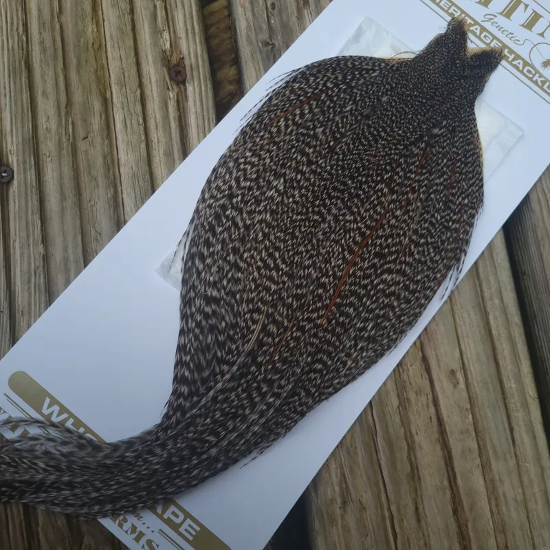 Whiting Heritage Hackles Rooster Cape in Mixed Colours K DARK GRIZZLY with a Very Light Splashing of Furnace Hackles-2