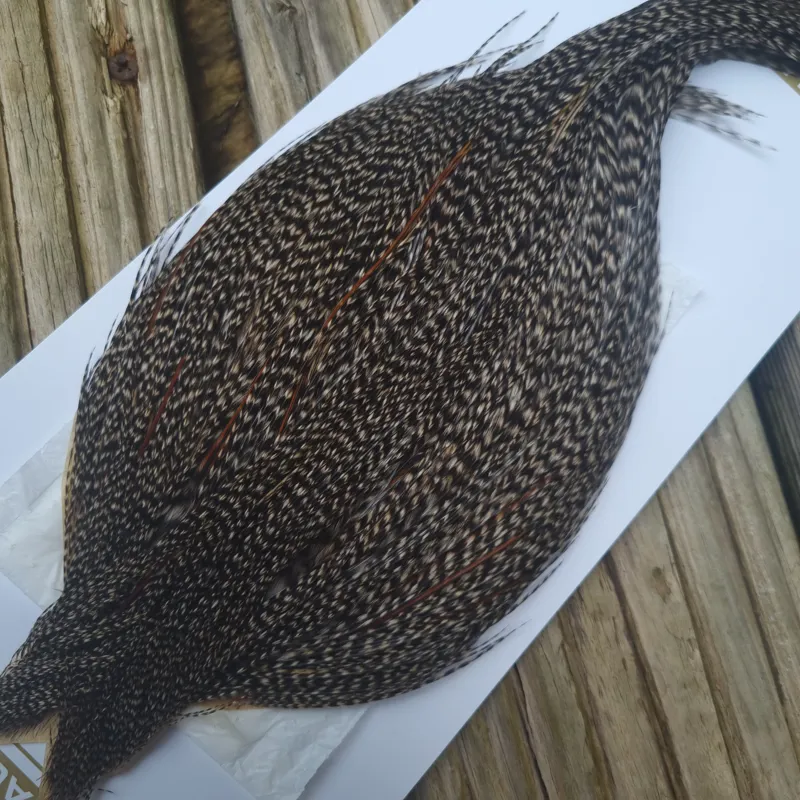 Whiting Heritage Hackles Rooster Cape in Mixed Colours K DARK GRIZZLY with a Very Light Splashing of Furnace Hackles
